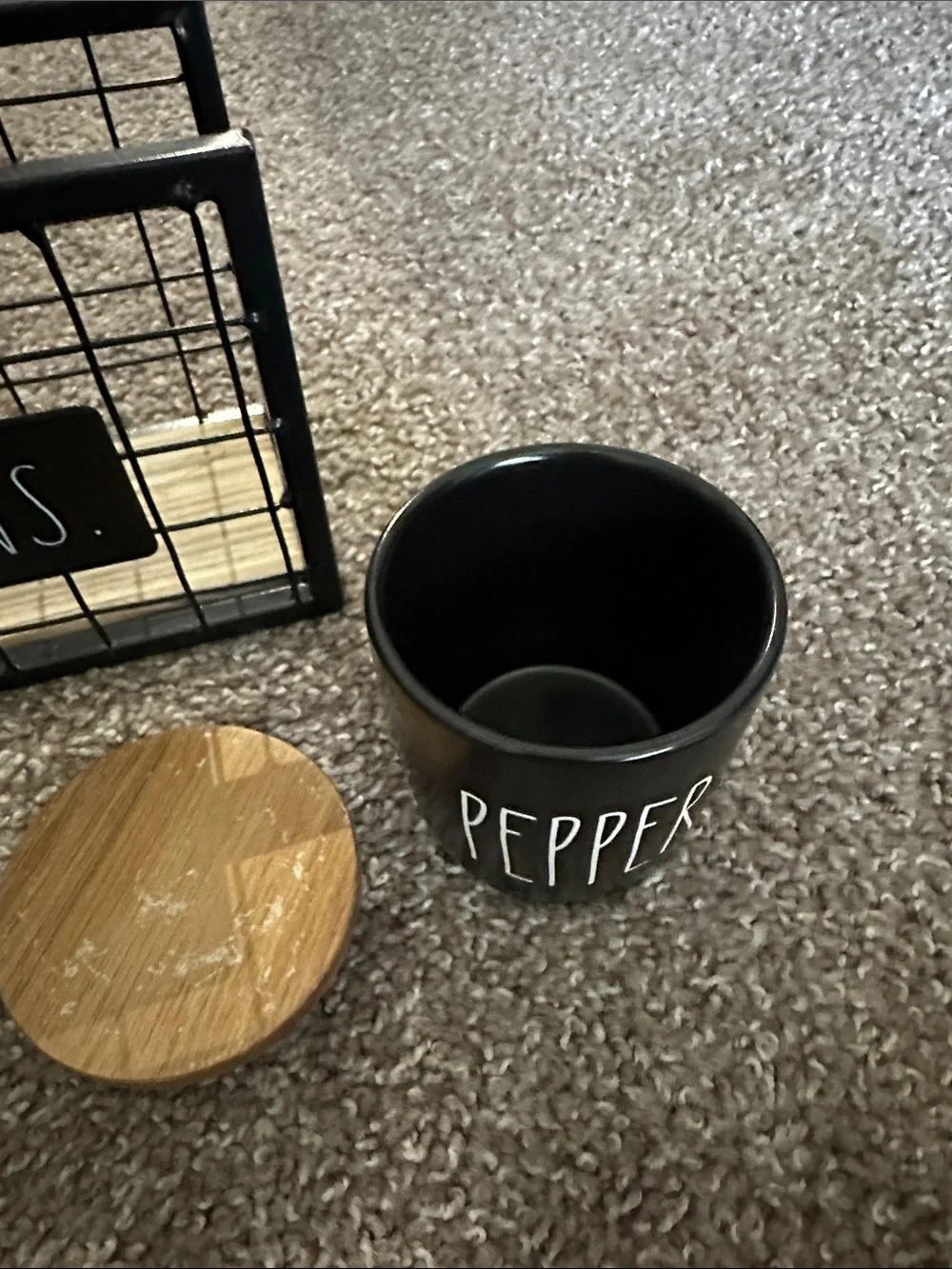 Rae Dunn Black & White Salt and Pepper Canisters with Black Napkins Wire Basket